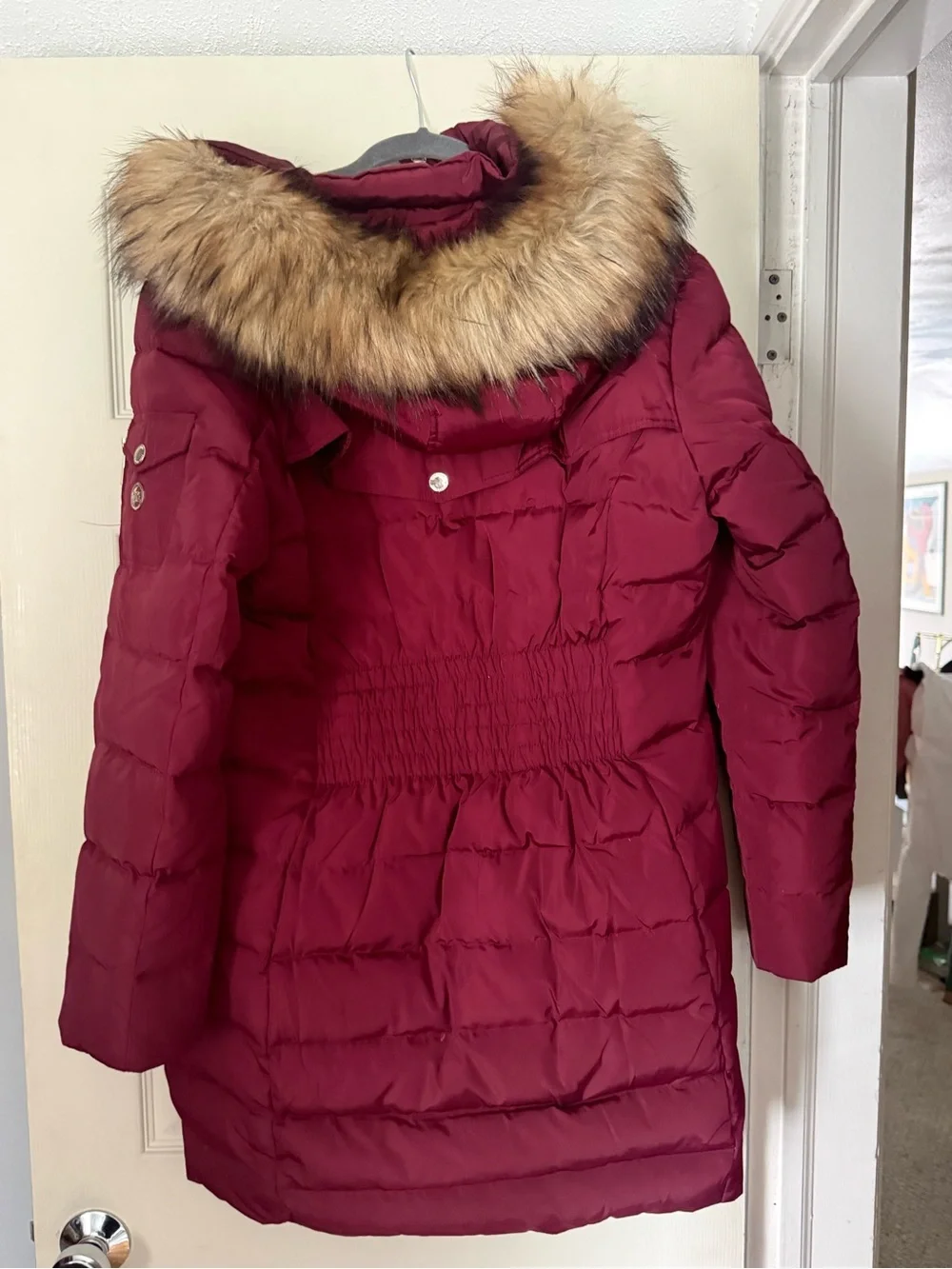 Michael Kors Wine-Red Quilted Puffer Coat with Faux-Fur Trim